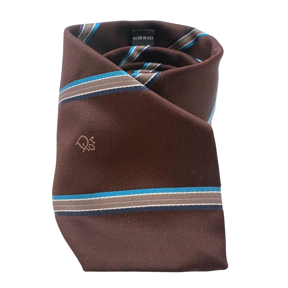 Vtg Christian Dior Monsieur Tie Brown Blue Stripe Italy Fabric SilkBlend USA 3.5